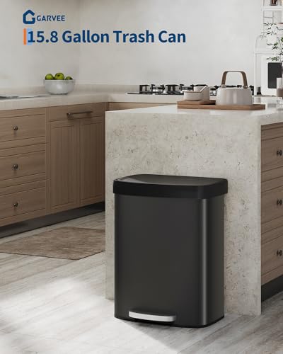 Garvee 16 gal / 60 L Metal Trash Can with Lid, Large Garbage Can for Kitchen, Rustproof Step-on Kitchen Metal Trash Bin with Liner Rim, Rear Handle, Soft Close Plastic Lid, Black - color: Black, size: 15.8 Gallons