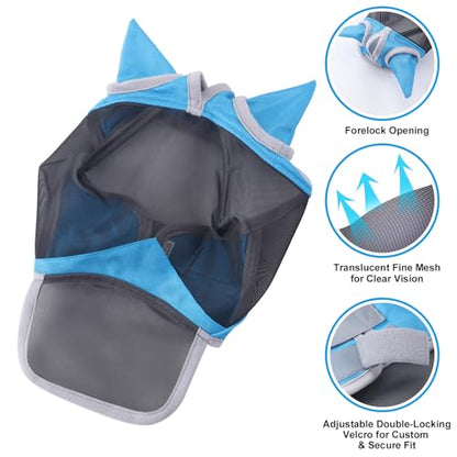 Horse Fly Mask with Ears & Long Nose, Fine Mesh Pale Blue Full - color: Pale Blue, size: Full
