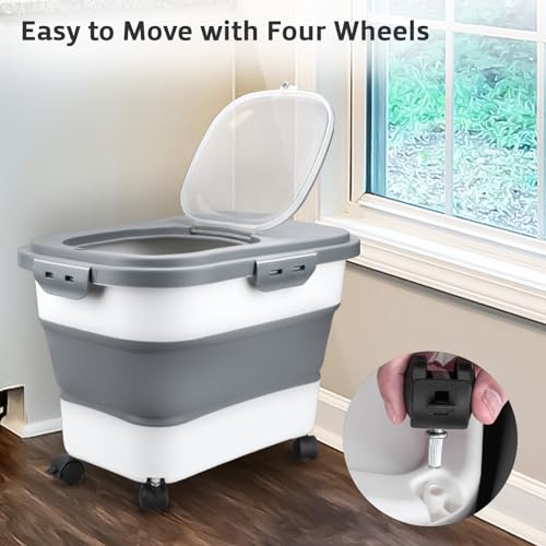 Komzon Rice Storage Containers, Collapsible 20 to 30Lbs Food Storage Bin Dispenser with Rolling Wheel and Clear Airtight Lid, BPA Free Flour, Sugar, Cereal and Dog Cat Pet food Containers - color: White