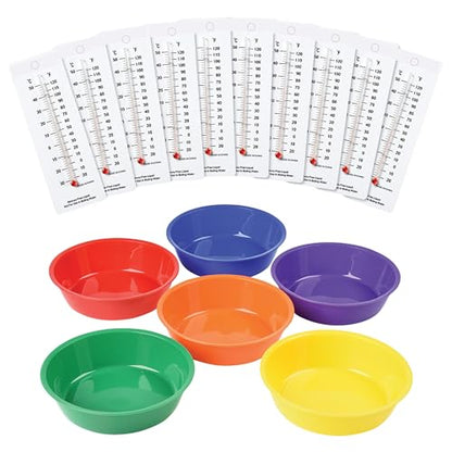 Basic Temperature Reading Student Thermometers and Experiment Bowls - Set of 18, Dual-Scale Mercury-Free Classroom Science Tools, Ages 8+, Grades 3+