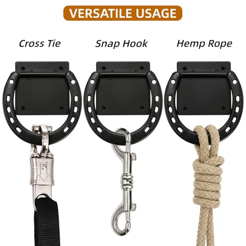 Cididu 4 Pack Cross Tie Ring for Horse, Heavy Duty Horseshoe Tie Ring with Screws, Solid Steel Tie Down Hooks, Hitching Ring Horse Barn Supplies for Stall Stable Racetrack Horse Training Equipment