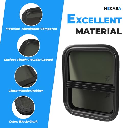 HECASA 17.5" X 15.5" RV Window w/Trim Ring & Mesh Screen for Motor Homes, | Vertical Trailers, Engineering Vehicles Side Window Replacement Tempered Glass Aluminium Black - size: 17.5" W x 15.5" H