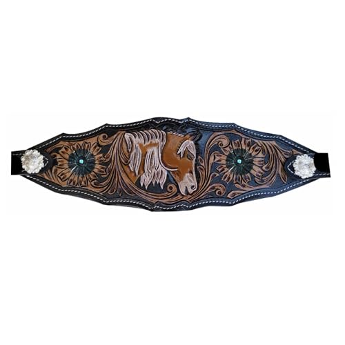 Majestic Ally Equestrian Designer Bronc Halter for Horses, Hand-Tooled Leather Nose, Padded Nylon Crown and Noseband - style: Horse Design