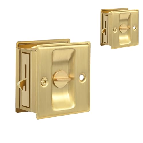HOMOTEK 2 Pack Privacy Sliding Door Lock with Pull - Replace Old Or Damaged Pocket Door Locks Hardware Quickly and Easily, 2-3/4”x2-1/2”, for 1-3/8” Thickness Door, Brushed Brass - color: Brushed Brass, size: 2 Pack