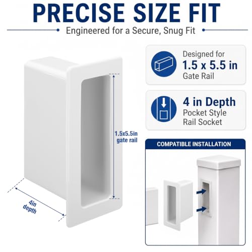 10 Pcs Vinyl Fence Gate Socket 1.5x5.5, White Rail Brackets | Durable PVC Pocket Rail Connectors for Privacy Fence Repair Rails Easy Outdoor Installation, Secure Gate Hardware