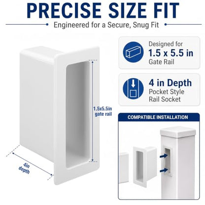 10 Pcs Vinyl Fence Gate Socket 1.5x5.5, White Rail Brackets | Durable PVC Pocket Rail Connectors for Privacy Fence Repair Rails Easy Outdoor Installation, Secure Gate Hardware