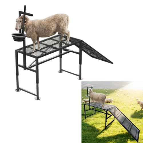 Heavy Duty Height-Adjustable Metal Goat Milking Stand with Ramp & Feed Bin, 600LBS Capacity Livestock Trimming Stand for Goats, Lambs & Sheep