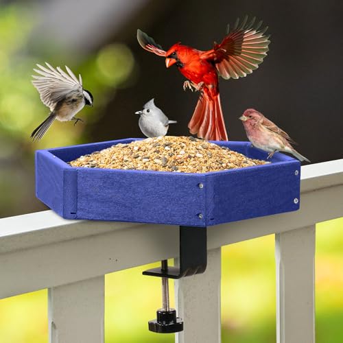 Kingsyard Clamp-On Deck Bird Feeder for Balcony Railings, No Drill - color: Blue