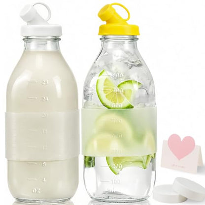 32 oz Reusable Glass Milk Bottles with Leak Proof Lid and Pour Dispenser
