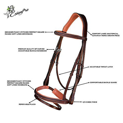 Exion Horse Snaffle Jumping Bridle with Removable Flash & Rubber Reins | Anatomical MonoCrown, Padded Noseband, Fancy Stitched Browband | English Bridle - color: Oak Brown (Reddish Brown), size: Cob (Medium Size)