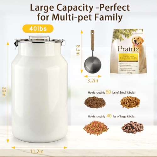 Dog-Cat Food Storage Container 40 lb, Large Stainless Steel Bin | 38 Qt 304 stainless steel bin holds up to 40 lb of dry pet food; silicone-sealed airtight lid; 1-cup wood-handled scoop. - size: 38 Qt