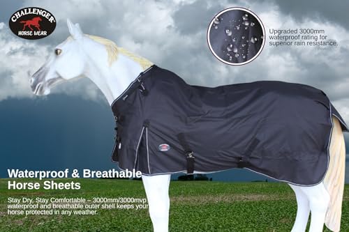 Challenger 1200D Turnout Rain Horse Sheet Light Winter Blanket Gusset 363G - color: Black Black-White Trim, size: 82"