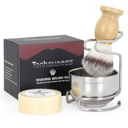 Shaving Brush Kit for Men, 4 in 1 Shaving Brush Set Includes Nylon Shaving Brush, Shaving Soap and Stainless Steel Shaving Bowl & Stand for Men’s Wet Shave Gift - color: Wood-B