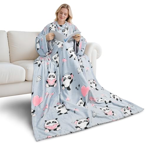 Catalonia Wearable Blanket with Sleeves for Women & Men, Fleece Wrap Throw - color: Panda Grey