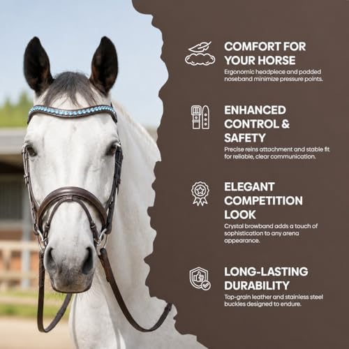 Equine Care English Horse Bridle with Reins, Padded, 6 Browband Styles - color: Havana Brown with Ice Blue Crystal
