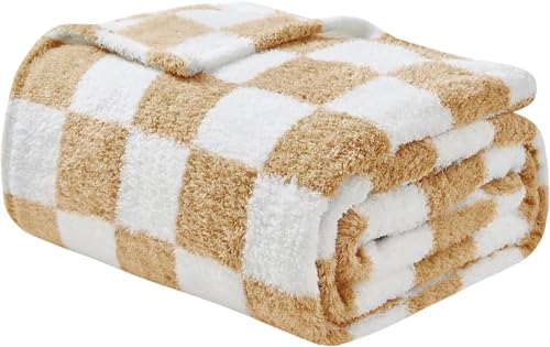 EMME Checkered Blanket Twin Size - 60"x80" Beige Knit Blanket Soft Fluffy Patterned Throw Blankets for Couch, Sofa, Chair, Bed, Camping, Picnic, Travel - color: 21-checkered Beige, size: Twin