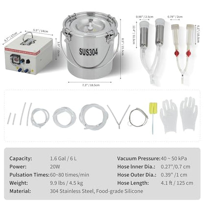 Electric Pulsating Milking Machine for Cows Goats,6L Stainless Steel Bucket - size: 6L