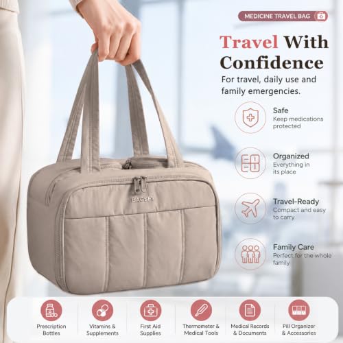 Travel Medicine Storage Bag with 2 Compartments, Wide-Mouth Medical Organizer, Puffy Lightweight First Aid Bag for Prescription Bottles, Pill Cases, Medical Supplies & Family Emergency Essentials - color: Greige