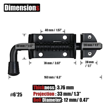 JQK Spring Loaded Barrel Bolt Latch, Heavy Duty 304 Stainless Steel Thickened 3mm Door Lock, 6.3 Inch Black, HSB410-BK-P2 - color: Black, size: 6.3Inch - 2Pack