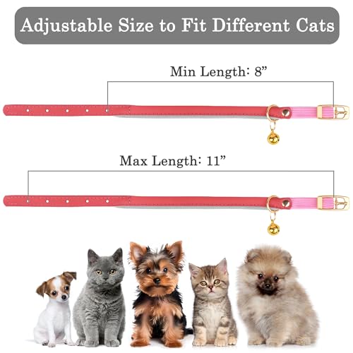 OOPSDOGGY Rolled Leather Cat Collar with Bell - Reflective Kitten Collar with Safety Elastic Strap - Adjustable Small Pet Collars for Boy Girl Cats (Pink) - color: Pink
