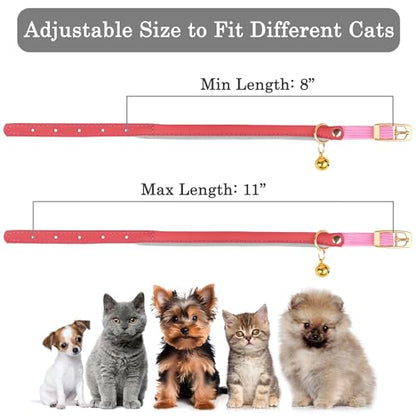 OOPSDOGGY Rolled Leather Cat Collar with Bell - Reflective Kitten Collar with Safety Elastic Strap - Adjustable Small Pet Collars for Boy Girl Cats (Pink) - color: Pink