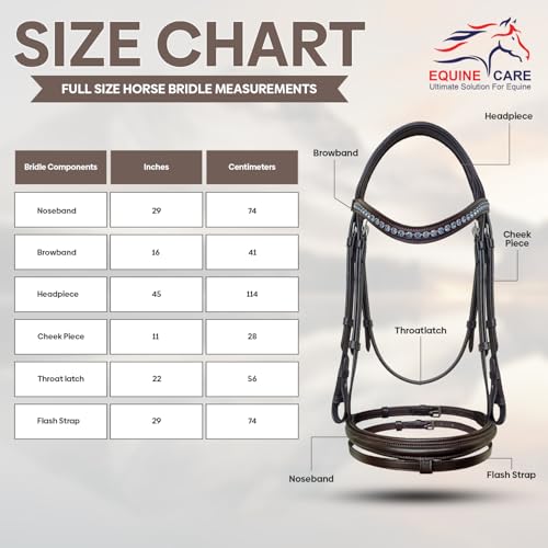 Equine Care English Horse Bridle with Reins, Padded, 6 Browband Styles - color: Havana Brown with Ice Blue Crystal