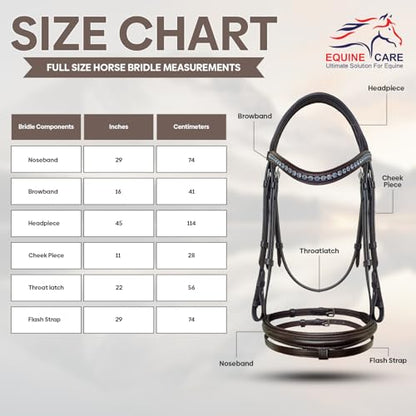 Equine Care English Horse Bridle with Reins, Padded, 6 Browband Styles - color: Havana Brown with Ice Blue Crystal
