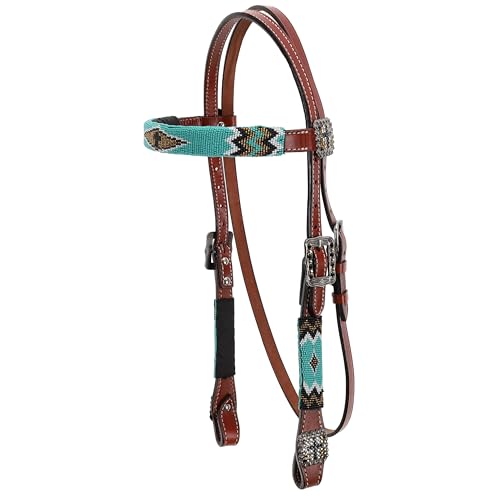 Showman Leather Headstall and Breast Collar Set with Teal, Gold & Black Beaded Overlay w Cross