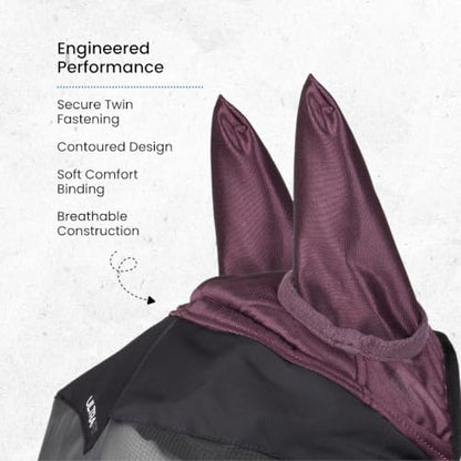 Shires Flyguard Pro Deluxe Horse Fly Mask with Ears & Nose - UV Protection & Fine Mesh Black Cherry/Cob - color: Black Cherry, size: Cob