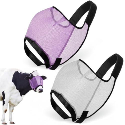 Abbylike 2 Pcs Cattle Livestock Fly Mask Adjustable Mesh Cow Mask with Elastic Chin Strap, Breathable Mesh Padded Large Spacing Forelock Opening Design Adjustable Fit for Cattle (Purple) - color: Purple