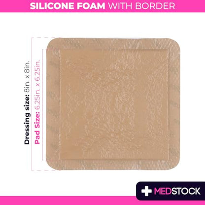 MEDSTOCK Silicone Foam Dressing with Border, 8"x8" (Pack of 5), Wound Care, Super Absorbent, Atraumatic Removal, Five Layers, Waterproof, Seals Wound Edges, No Adhesion Loss - size: 8"x8" (Pack of 5)