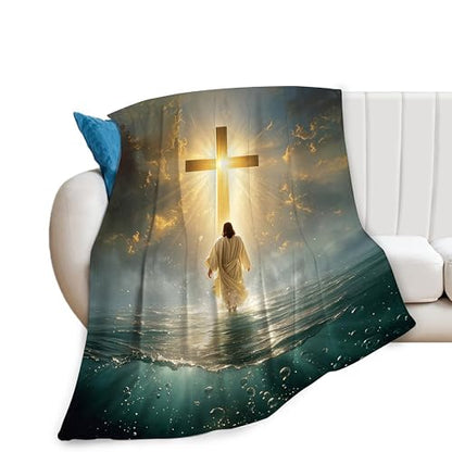 Jesus Christian Throw Blanket Jesus Walking on Water Fleece Blanket Christ Cross Religious Soft Cozy Fuzzy Plush Warm Stuff Bedding Blankets Gifts for Boys Girls Kids Adult Men Women 40"X50" - color: Jesus, size: 40"x50"