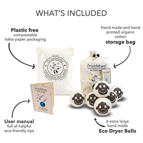 Friendsheep Wool Dryer Balls, Organic Reusable Fabric Softener Alternative for Laundry, Handmade, Fair Trade, Hypoallergenic, Eco-Friendly, Plastic-Free (6 Pack XL – Sheep Flock of Friends) | Reusable fabric softener alternative Organic wool, handmade, fa