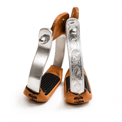 Engraved Western Horse Saddle Aluminum Stirrups Tread Padded & Leather Cover Roller Neck