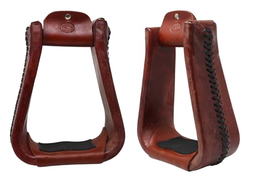 CHALLENGER Horse Saddle Stirrups Western Brown Rawhide Covered Bell Riding Mahogany Red 51217