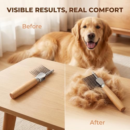 Dematting Comb for Dogs & Cats - Safe Stainless Steel Pet Detangling Brush, Gentle on Sensitive Skin, Reduces Shedding, Ergonomic Bamboo Handle