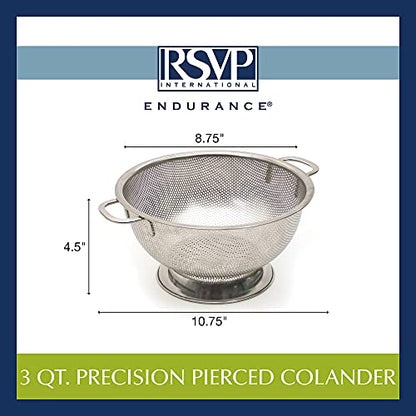 RSVP International Endurance Kitchen Collection Colander Strainer, 3 Quart, Pierced Stainless Steel - size: 3 Quart