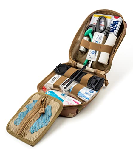 Scherber Premium IFAK Kit Trauma Pack | HSA/FSA Approved | SOF Tourniquet, QuikClot 4x4 HyFin Chest Seal, Israeli Bandage | Fully Stocked MOLLE Pouch for Gunshot, Bleeding, Major Wound Care (Camo) - color: Camouflage