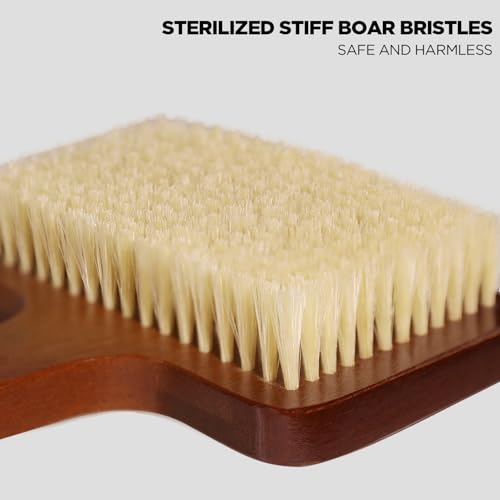 ICANdOIT Exfoliation Set-17.71 Inch Boar Bristles Back Scrubber Bath Brush,Shower Brush with No-Slip Curved Handle,Dual-Sided Face Exfoliation Glove