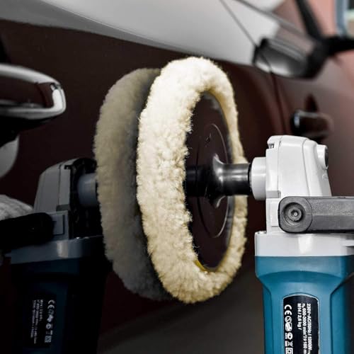 Wool Polishing Pads, SPTA 6"(150mm) 100% Natural Wool Buffing Pad with Hook & Loop Backing 4pcs Set Come with 5/8-11 Thread Backing Plate for Car Polishing, Buffing and Cutting - size: 6inch (150mm)