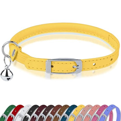 OOPSDOGGY Rolled Leather Cat Collar with Bell, Reflective Kitten Collars with Buckle Include Safety Elastic Strap - Adjustable Small Pet Collars for Boy Girl Cats (Yellow) - color: Yellow