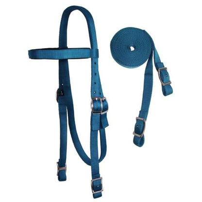 Tahoe Tack Double Layer Nylon Full Horse Headstall with Split Reins - color: Hurricane Blue, size: Cob (Medium)