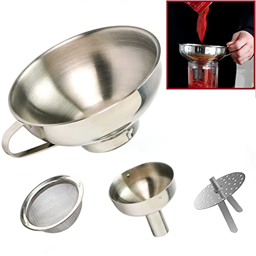 KEISSCO Stainless Steel 4-Piece Funnel and Strainer Set - Canning Funnel for Wide and Regular Mason Jars, Transferring Oils, Liquid, Fluid, Dry Ingredients & Powder, Wide & Narrow Mouth with Filter