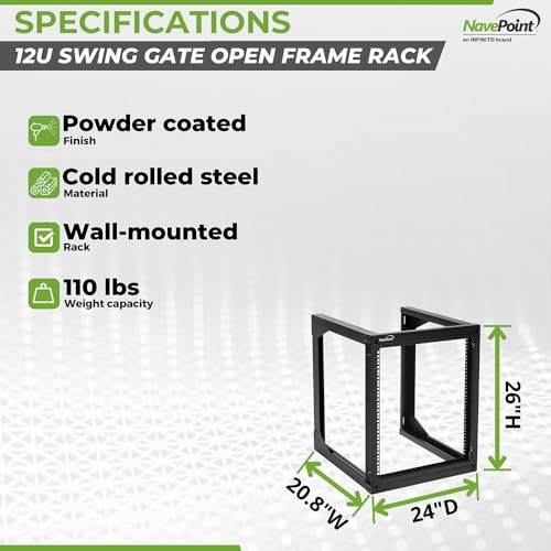 NavePoint 12U Wall Mount Server Rack - Swing Gate Open Frame for 19-Inch IT Equipment - Network Rack for AV & Server Equipment, 24" Deep, Black - size: 12U - 24in Deep