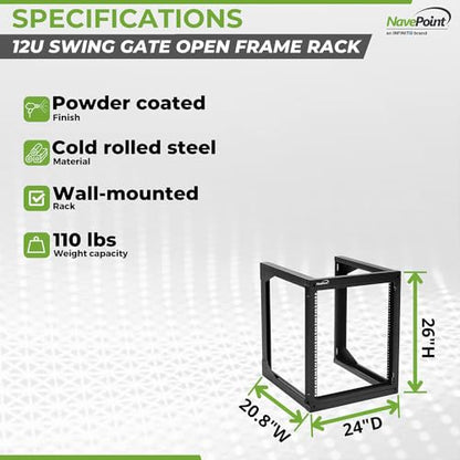 NavePoint 12U Wall Mount Server Rack - Swing Gate Open Frame for 19-Inch IT Equipment - Network Rack for AV & Server Equipment, 24" Deep, Black - size: 12U - 24in Deep