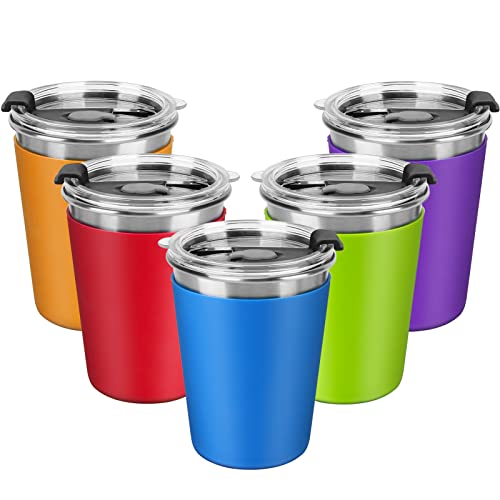 ShineMe Kids Stainless Steel Cups, 12oz Kids Metal Drinking Glasses with Lids and Sleeves, Unbreakable Spill Proof Cups for Kid and Adult, Stacking Sippy Cups for Hot Chocolate & Cold Drinks 5Pack - color: purple,green,blue,red,orange