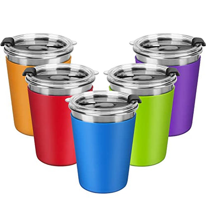 ShineMe Kids Stainless Steel Cups, 12oz Kids Metal Drinking Glasses with Lids and Sleeves, Unbreakable Spill Proof Cups for Kid and Adult, Stacking Sippy Cups for Hot Chocolate & Cold Drinks 5Pack - color: purple,green,blue,red,orange
