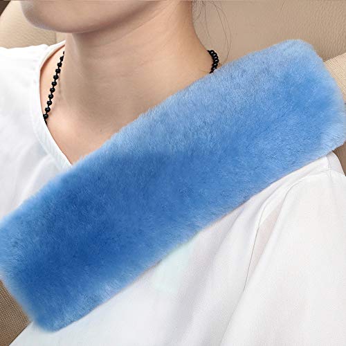 OGLAND 2 Pack Sheepskin Car Seat Belt Cover Pads | Wool Seatbelt Cushions - color: Sky Blue, size: Shearling Wool