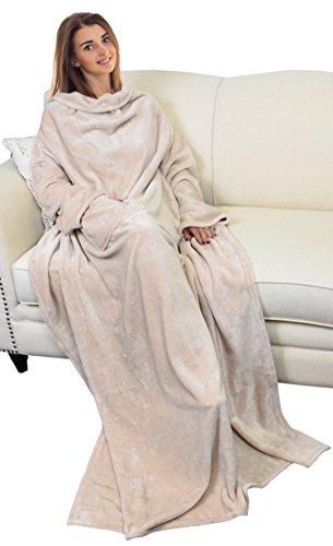 Catalonia Wearable Blanket with Sleeves for Women & Men, Fleece Wrap Throw - color: Latte