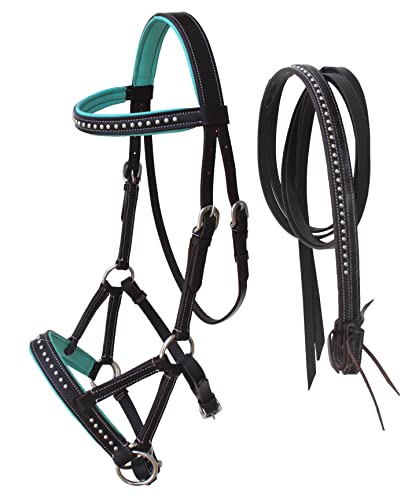 CHALLENGER Horse Western English Brown Leather Bitless Sidepull Padded Bridle Reins Teal 7708BRT